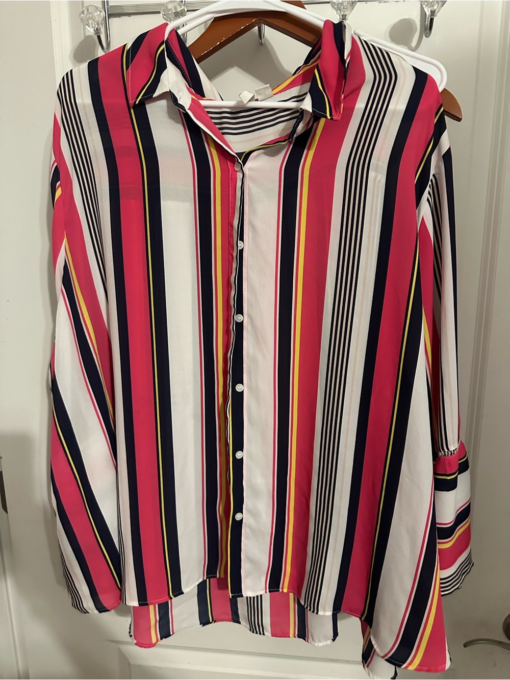 Eddie Bauer Pink White Navy Yellow Striped Button-Down Shirt